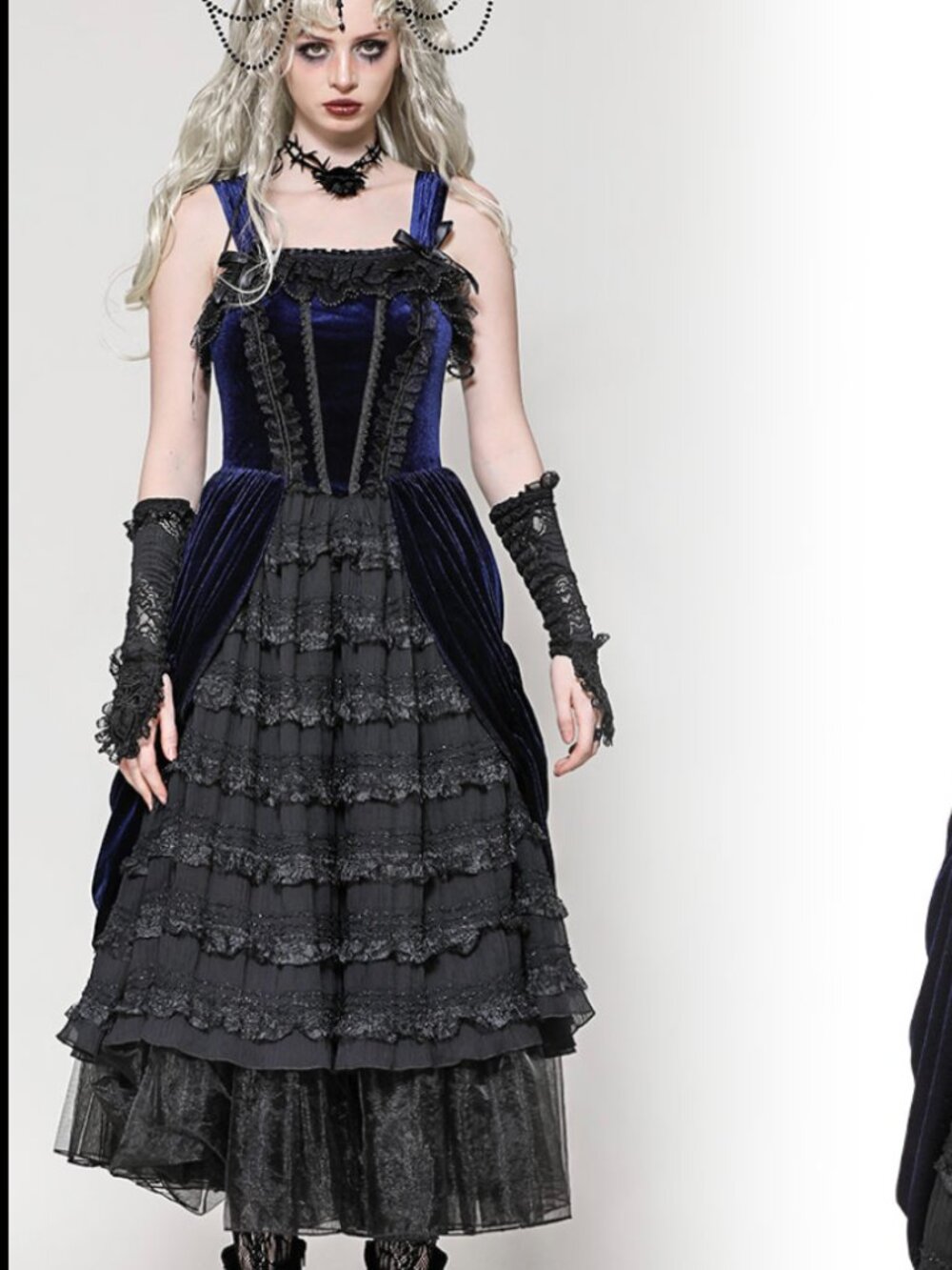 Dark In Love Indigo Dusk Midi Dress Large Romantic Gothic Blue Velvet Sleeveless - Picture 2 of 10
